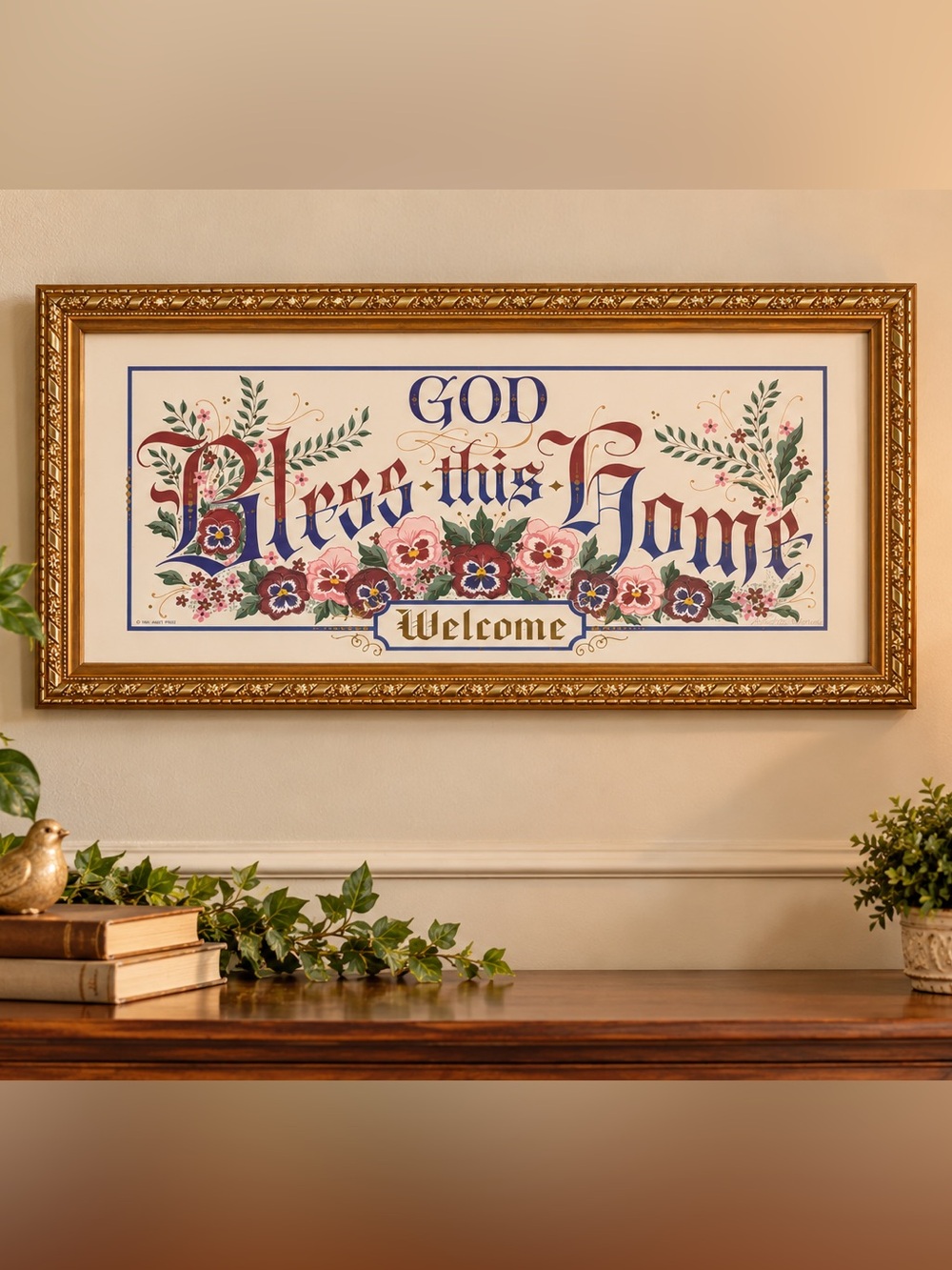 GOD BLESS THIS HOME WELCOME Abbey Press Framed Picture Gold Frame Vintage EUC